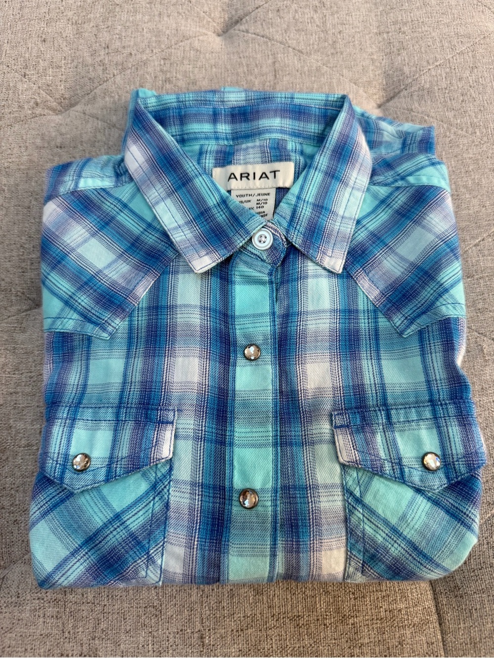 NWT ARIAT GIRLS BLUE PLAID SNAP WESTERN LONG SLEEVE SHIRT, SIZE MEDIUM